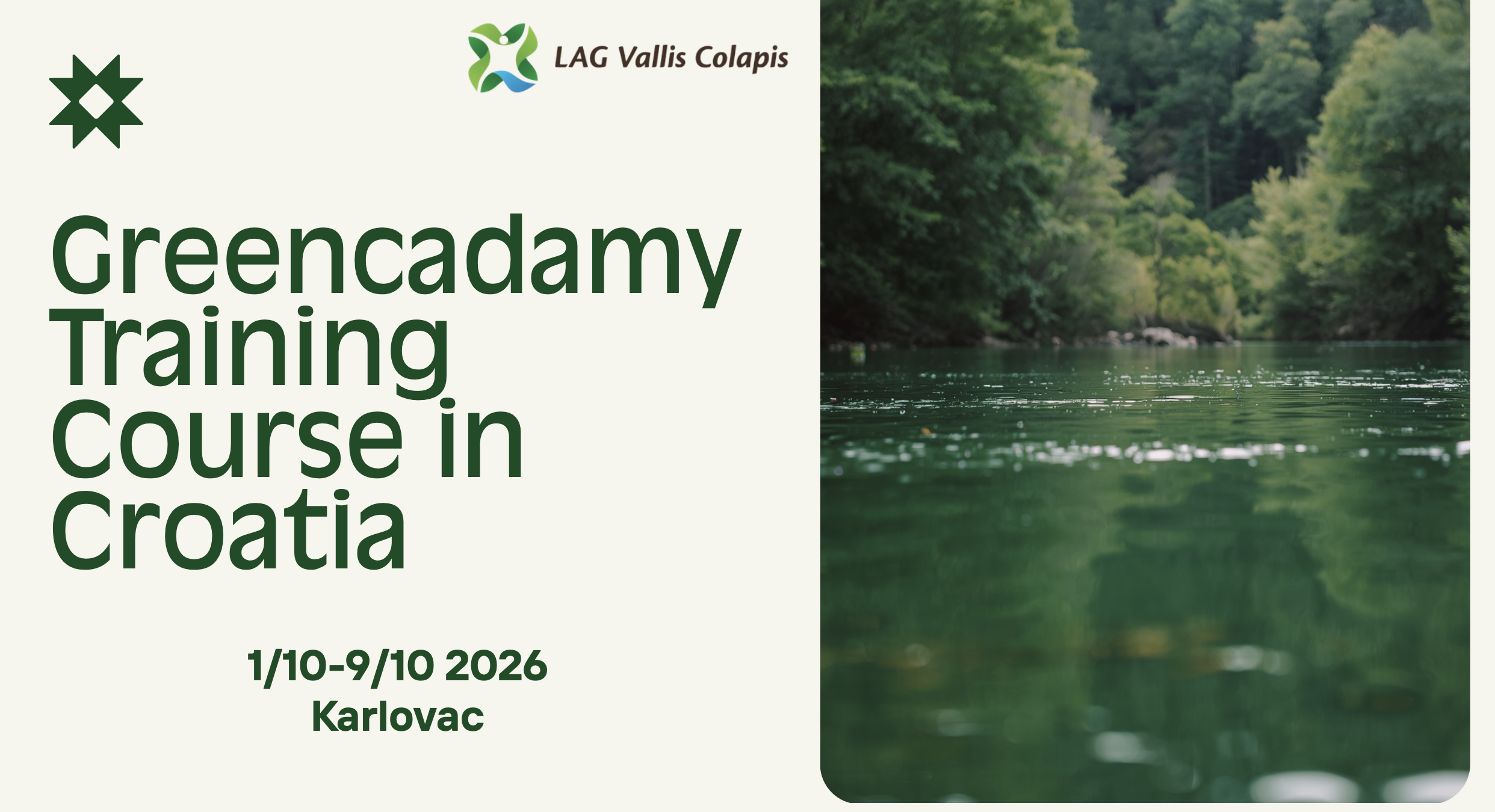 Rivière verte bordée de forêt, visuel de la formation Greencademy à Karlovac, en Croatie.